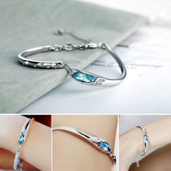 Rhinestone Blue Crystal Silver Bangle Bracelet - Picture 3 of 6